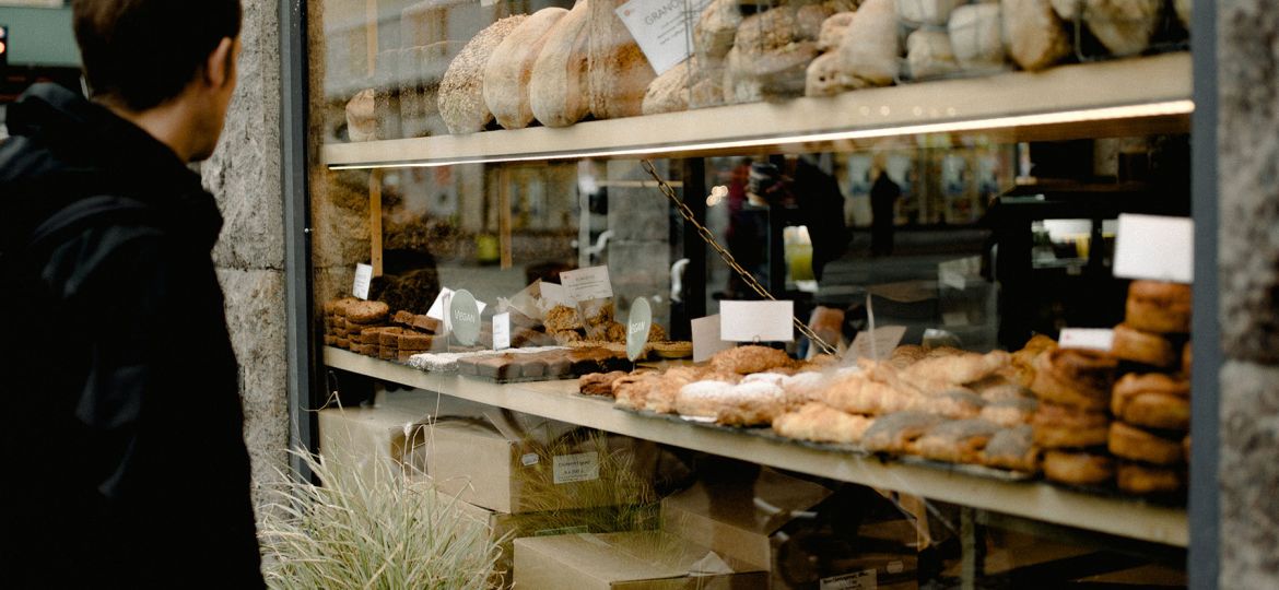 Bakery window of an assortment of breads